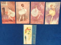 Postcards, Glamour, 5 cards to comprise 4 by Gayac Dancing Girl Series and Art Nouveau Raphael