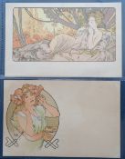 Postcards, Art Nouveau, Alphonse Mucha, 2 artist signed cards, one depicting a reclining lady in the