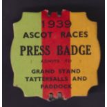 Horse Racing Badge, Royal Ascot, a shaped card Press badge, 1939, brass pin back, back with ink name
