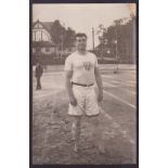 Olympics, a postcard showing USA Athlete Simon Gillis pictured in Stockholm 1908, Hammer & Discus