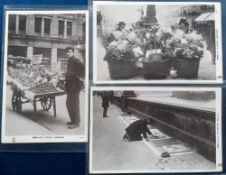 Postcards, 3 RPs of London Life published by Tuck, Flowers Vendors A13, A Pavement Artist A21, and A