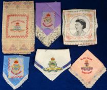 Ephemera, Military Silk Sweetheart Handkerchiefs, a collection of 5 hankies and a small table runner