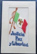 Postcard, Silks, a scarce embroidered silk showing the Mexican flag with 'Justicia Paz Y Libertad'