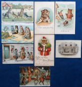 Postcards, Wain, a selection of 7 cards of cats illustrated by Louis Wain, inc. 'Wheelbarrow