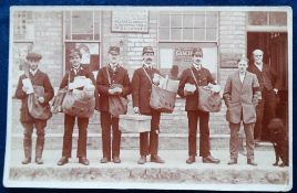 Postcard, Northamptonshire, Postmen ready to go on delivery at Raunds, RP, annotation on reverse ‘