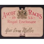Horse Racing Badge, Royal Ascot, a Royal Enclosure rectangular card ladies badge for 1933, no