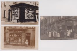 Tobacco advertising, postcards, 5 photographic postcards all showing shop fronts with tobacco