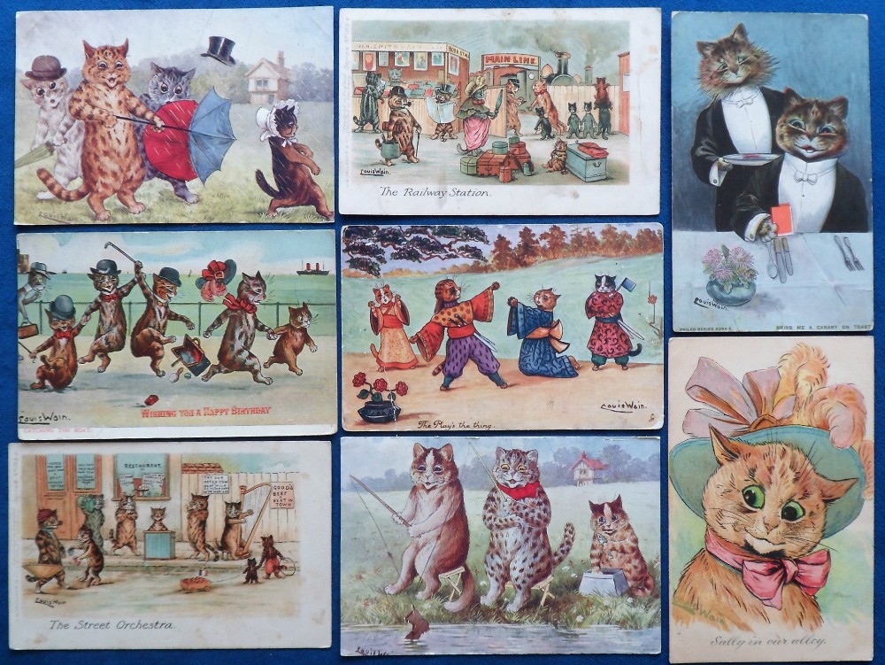 Postcards, Wain, a selection of 8 cards of cats illustrated by Louis