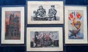 Postcards, Silks, a woven silk selection of 4 cards, with 2 'Flames' inc. 'Malines 1914' and '