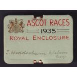 Horse Racing Badge, Royal Ascot, a Royal Enclosure rectangular card gentleman's badge for 1935, no