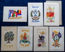 Postcards, Silks, a patriotic mix of 7 embroidered silk cards with Tree of Life decorated with flags
