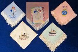 Ephemera, Military Silk Sweetheart Handkerchiefs, a collection of 5 hankies to comprise fringed