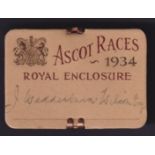 Horse Racing Badge, Royal Ascot, a Royal Enclosure rectangular card gentleman's badge for 1934, no