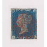 Stamps, GB QV 2d blue, RL, 4 margins with an almost complete strike of a red MC. Thinned at