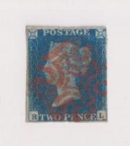 Stamps, GB QV 2d blue, RL, 4 margins with an almost complete strike of a red MC. Thinned at