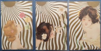 Postcards, Art Nouveau, Raphael Kirchner, 3 cards in the Femmes Soleil series (K.1/1 1,3,4) (gd/vg)