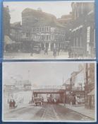 Postcards, Wandsworth Trams, 2 RPs, 1 showing horse drawn tram and cart going under the railway