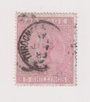 Stamps, GB QV 5/- rose (plate 4) on white paper. Has a repaired tear to bottom left SG134 cat £3,