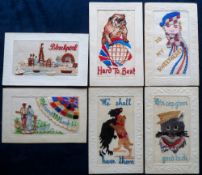 Postcards, Silks, a selection of 6 embroidered silks inc. 'His cap gives good luck' with portrait of