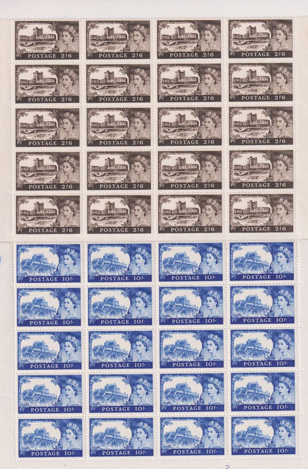 Stamps, GB QEII collection of UM plate blocks, 2/6, 5/- & 10/- Castles in blocks of 20 together with
