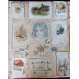 Ephemera, Victorian Scrap Album, 14 pages of greetings cards laid down single sided. Subjects