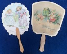 Trade cards, Singer Sewing Machines, 2 attractive cardboard die cut fans with wooden handles one