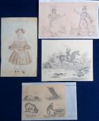 Ephemera, a collection of 4 pencil drawings from Victorian albums circa 1835-1880 (actors, fox