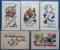 Postcards, Silks, a selection of 5 embroidered silk greetings cards, inc. 'Happy Easter' showing