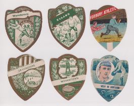 Trade cards, Baines, 6 Shield shaped cards, all Rugby subjects, Devonshire, Elland, Horbury