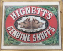 Tobacco advertising, Hignett's Genuine Snuffs Advert, mounted on board & framed & glazed,