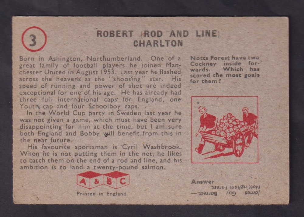 Trade card, A&BC Gum, Footballers, (Planet, 1-46), type card, no 3, Bobby Charlton, Rookie card (gd) - Image 2 of 2