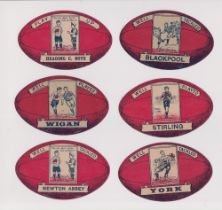 Trade cards, Baines, 6 Rugby Ball shaped cards, all with red background, for Blackpool, Heading C.