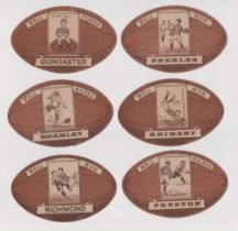 Trade cards, Baines, 6 Rugby Ball shaped cards, all with brown background for Bramley, Doncaster,