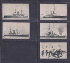 Cigarette cards, Hill's, British Navy Series, 5 cards, 'Australia', 'Howe', 'Gatling Gun', 'Royal