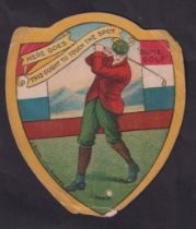 Trade card, Baines, Golf, shield shaped card, 'Here Goes This Ought to Touch the Spot, Some Golf' (
