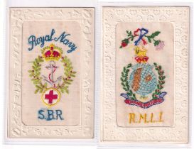 Postcards, Silks, 2 Royal Navy embroidered silk cards inc. R.M.L.I (Royal Marine Light Infantry)