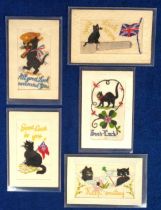 Postcards, Silks, 5 embroidered silk cards featuring black cats inc. 'Good Luck to You' with cat