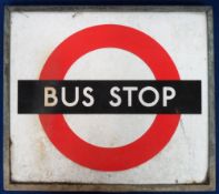 Transportation, London Bus Stop sign, 1950s/60s, heavy enamel double sided sign 'Bus Stop' white
