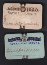 Horse Racing Badges, Royal Ascot, two rectangular Royal Enclosure card badges for 1928, brass pin