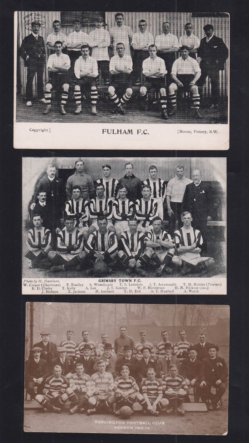 Football postcards, three teamgroup cards, Darlington 1912-13 (photographic), Fulham FC early 1900's