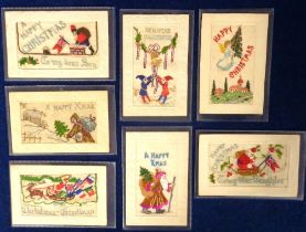Postcards, Silks, 7 embroidered Christmas silks all depicting Christmas scenes, with Santa's on