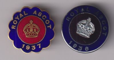 Horse Racing badges, Royal Ascot, two circular enamelled Official's badges for 1937 & 1938 both with