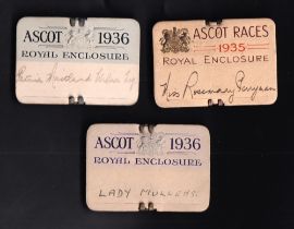 Horse Racing Badges, Royal Ascot, three rectangular Royal Enclosure card badges for 1935 (ladies