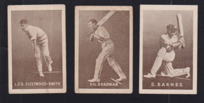 Trade cards, Australia, Griffiths, Cricketers, 1937 issue, three cards, Don Bradman (bat over l/