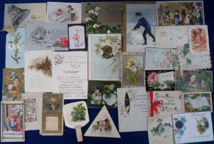 Ephemera, Victorian Christmas and New Year Cards, 70+ cards to include die-cut,