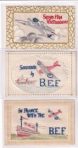 Postcards, Silks, 3 embroidered silk cards featuring aircraft, inc. 'Souvenir by B.E.F (British