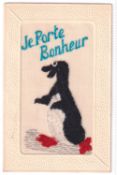 Postcard, Silks, a scarce embroidered silk of a penguin with red feet, captioned 'Je Porte