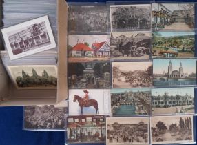 Postcards, Exhibitions, Fairs and Markets, 200+ cards showing UK and Foreign Exhibitions, fun fairs,