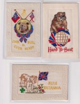Postcards, Silks, 3 patriotic embroidered silk cards featuring bulldogs. Includes aggressive looking