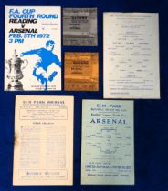 Football programmes, Reading v Arsenal, four programmes & two tickets, all at Reading, FLS Cup 25